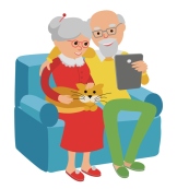 Happy senior couple sitting on sofa read with tablet.